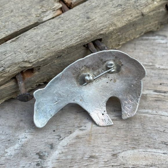 Signed AJC Native American Navajo Sterling Silver Turquoise Bear Pin - Picture 8 of 14